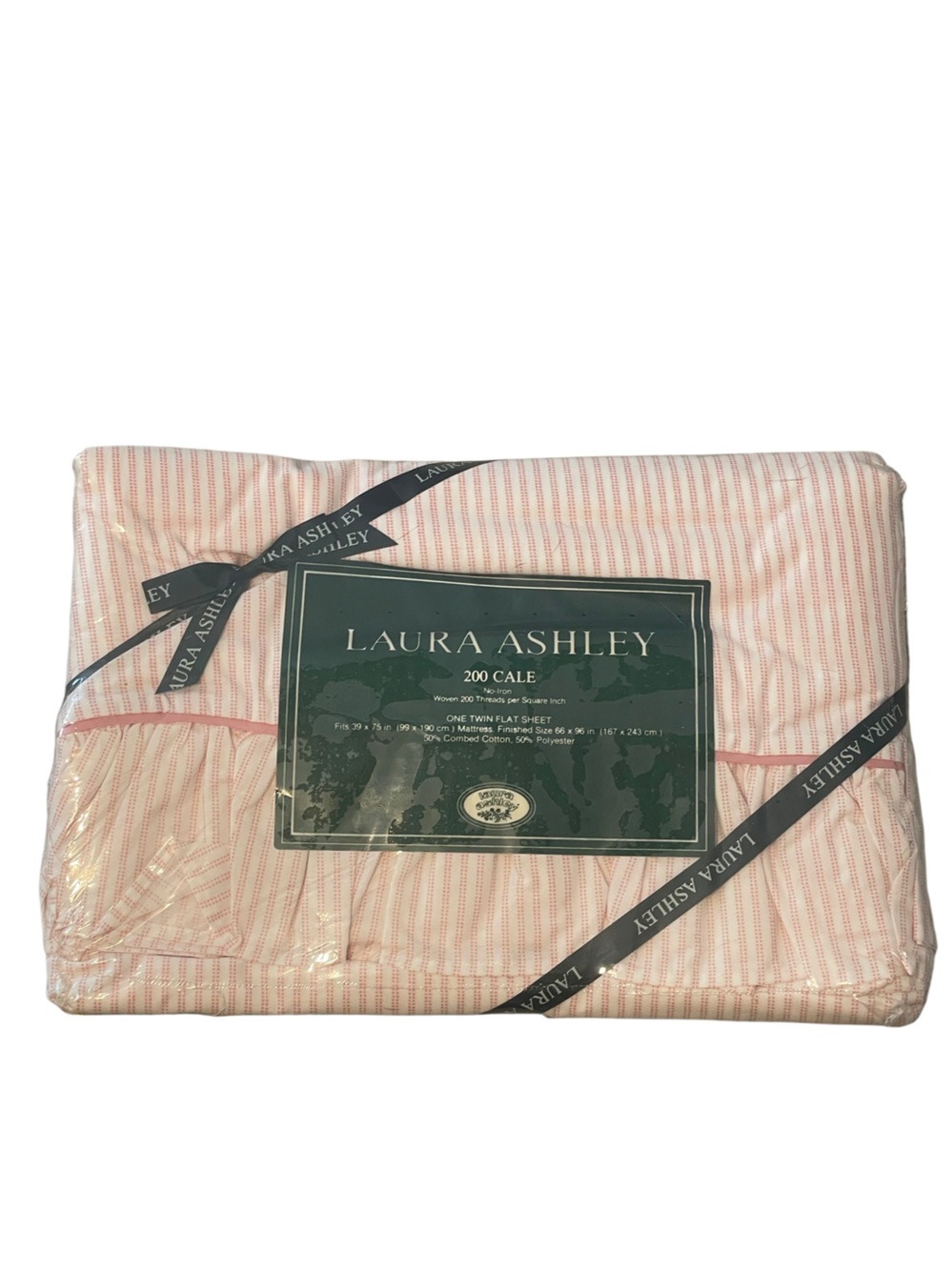 Laura Ashley NWT Vintage Pink White Stripe Ruffle Twin Flat Sheet